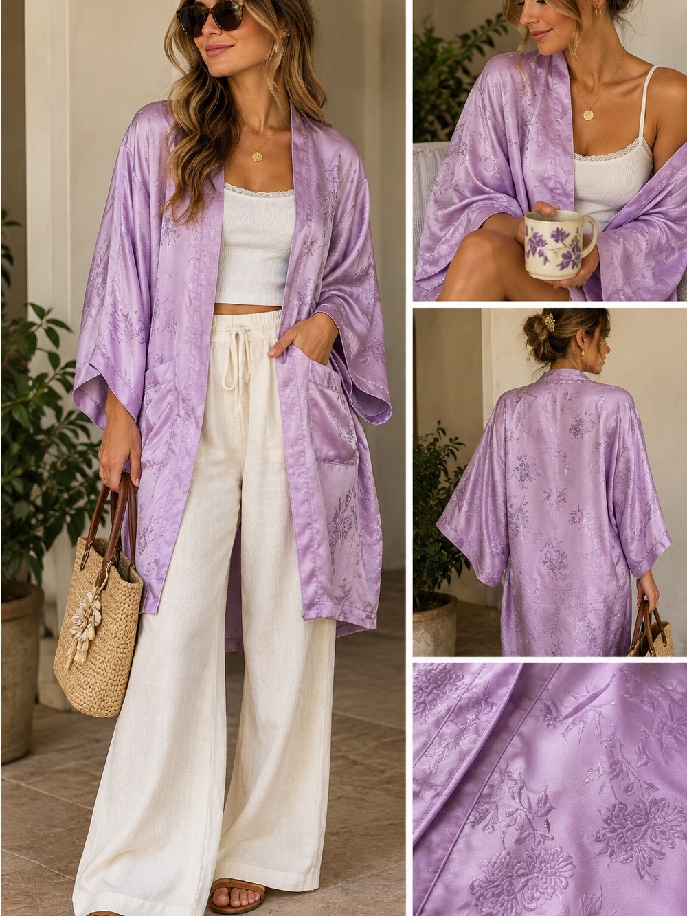 Lavender Satin Floral Kimono Robe - Women's Intimates & Sleepwear